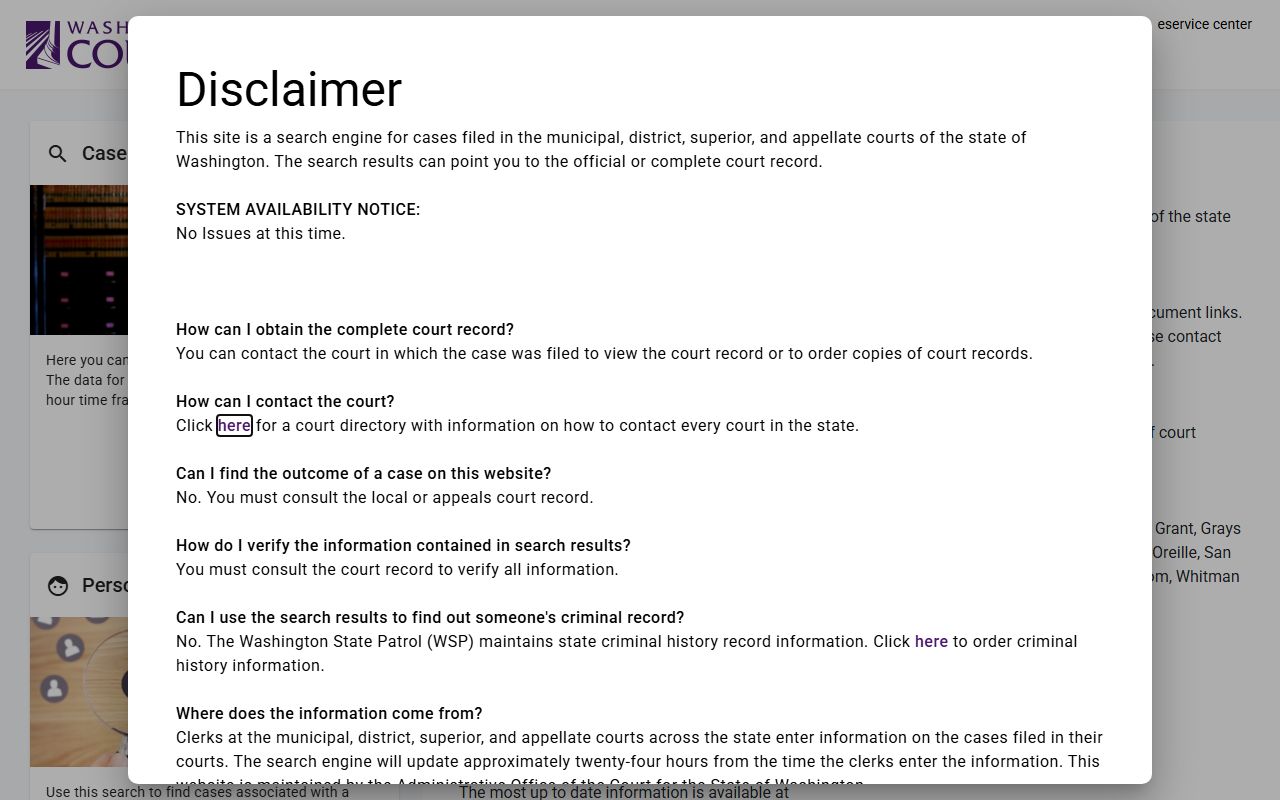 Washington Courts case search portal for criminal court records
