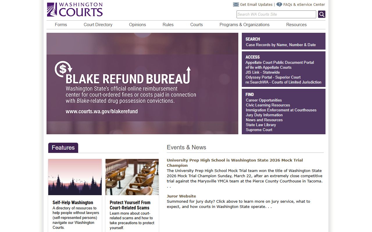 Washington State Courts official website for criminal court records